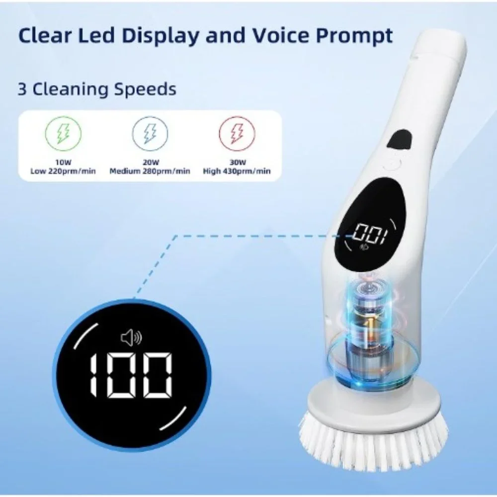 Cordless LED Electric Spin Scrubber/ Voice Prompt/ 3 Speeds/ Extension Arm/ IPX7